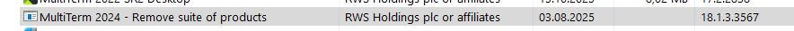 Screenshot showing MultiTerm 2024 - Remove suite of products entry in the Control Panel with version 18.1.3.3567 and date 03.08.2025.