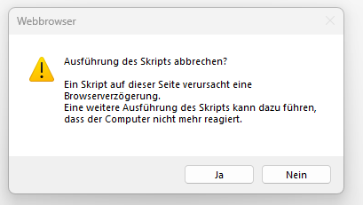 Screenshot of a Trados Studio dialog box in German with a warning icon, asking if the user wants to stop script execution due to a script causing browser slowdown.