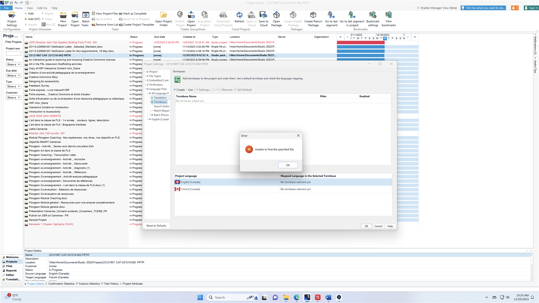 Trados Studio error message pop-up saying 'Unable to find the specified file.' with an OK button, over the 'Add Termbases to the project' window showing no termbase added yet.