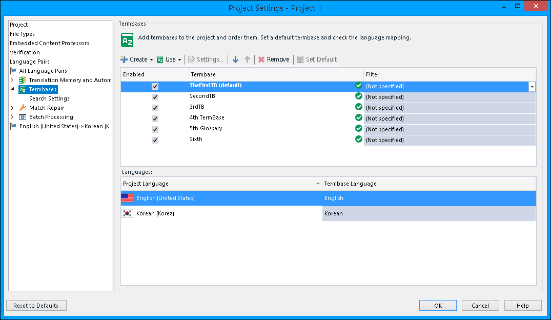 Trados Studio Project Settings window showing TermBases tab with six term bases listed. The First, Third, and Fifth term bases are ticked as enabled.