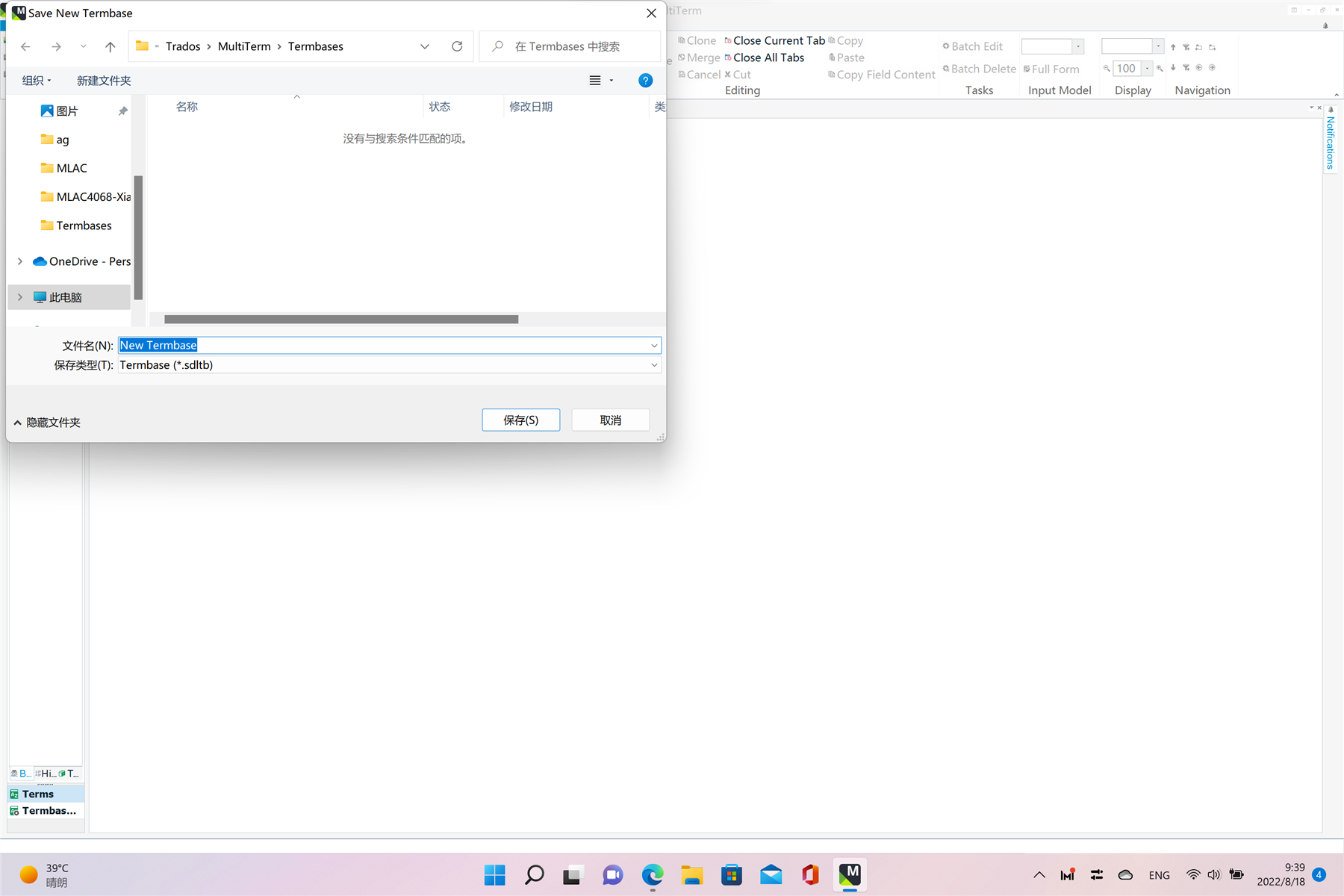 Trados Studio Save New Termbase dialog with fields for termbase name and definition file path.