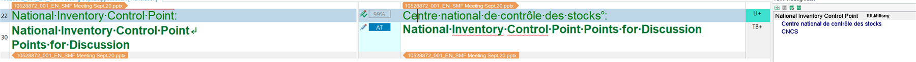 Trados Studio screenshot showing term recognition inconsistency. The term 'National Inventory Control Point' is recognized in one segment but not in another.
