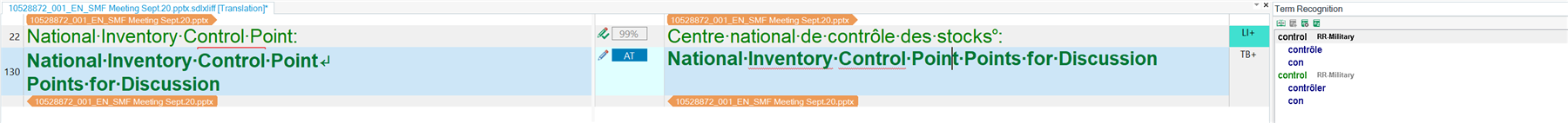 Trados Studio screenshot displaying a term recognition error. The term 'control' is recognized in the term base but not in the segment being translated.