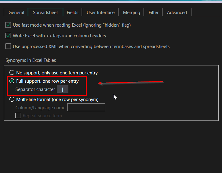 Trados Studio settings window with 'Full support, one row per entry' selected and a red arrow pointing to the 'Separator character' field containing a vertical bar.