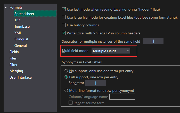Trados Studio Glossary Converter settings with 'Multi field mode' set to 'Multiple Fields' highlighted.