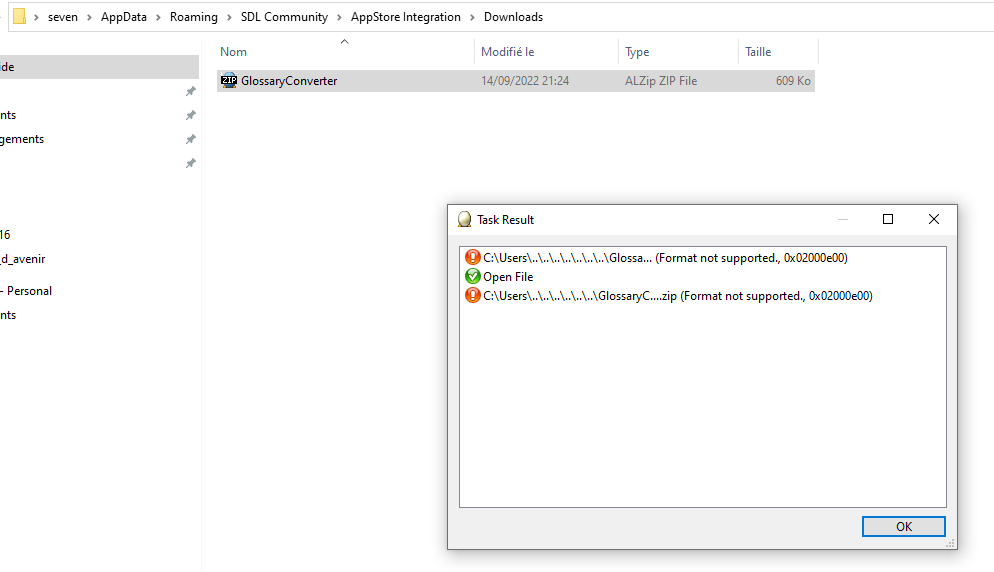 Screenshot showing a 'Task Result' error dialog box with two error messages stating 'C:Users...GlossaryConverter.zip (Format not supported, 0x2000E00)' in Trados Studio.