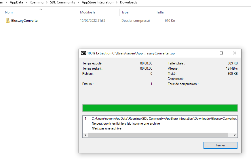 Screenshot of a file extraction error in Trados Studio showing '100% Extraction C:UserssevenApp...ssaryConverter.zip' with an error message 'Cannot open the zip files as an archive. Not an archive.'