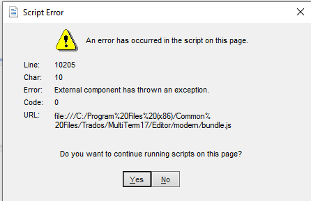 Screenshot of a Script Error dialog box in Trados Studio with a warning icon, indicating an error has occurred in the script on this page at line 10205, character 10, with error code 0, and an external component exception. Options to continue running scripts are 'Yes' and 'No'.