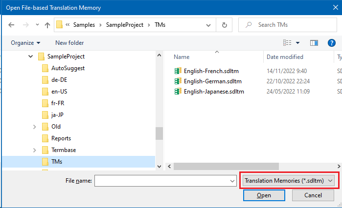 Open File-based Translation Memory dialog box showing a list of translation memories including English-French, English-German, and English-Japanese with the option to open selected files.