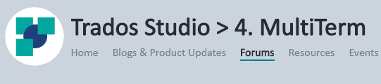 Trados Studio website navigation bar with active MultiTerm forum highlighted.