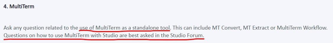 Screenshot of a Trados Studio forum page, highlighting a section on MultiTerm with text advising to ask questions about using MultiTerm with Studio in the Studio Forum.