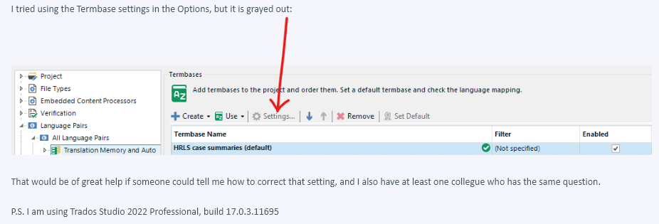 Screenshot of Trados Studio 2022 Professional showing the Termbase settings in the Options menu with the 'Add termbases to the project' option grayed out and an arrow pointing to it.