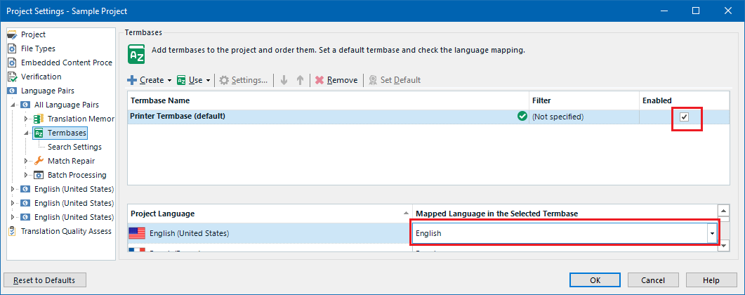Trados Studio Project Settings window showing Termbases tab with 'Printer Termbase (default)' enabled and language mapping set to English.