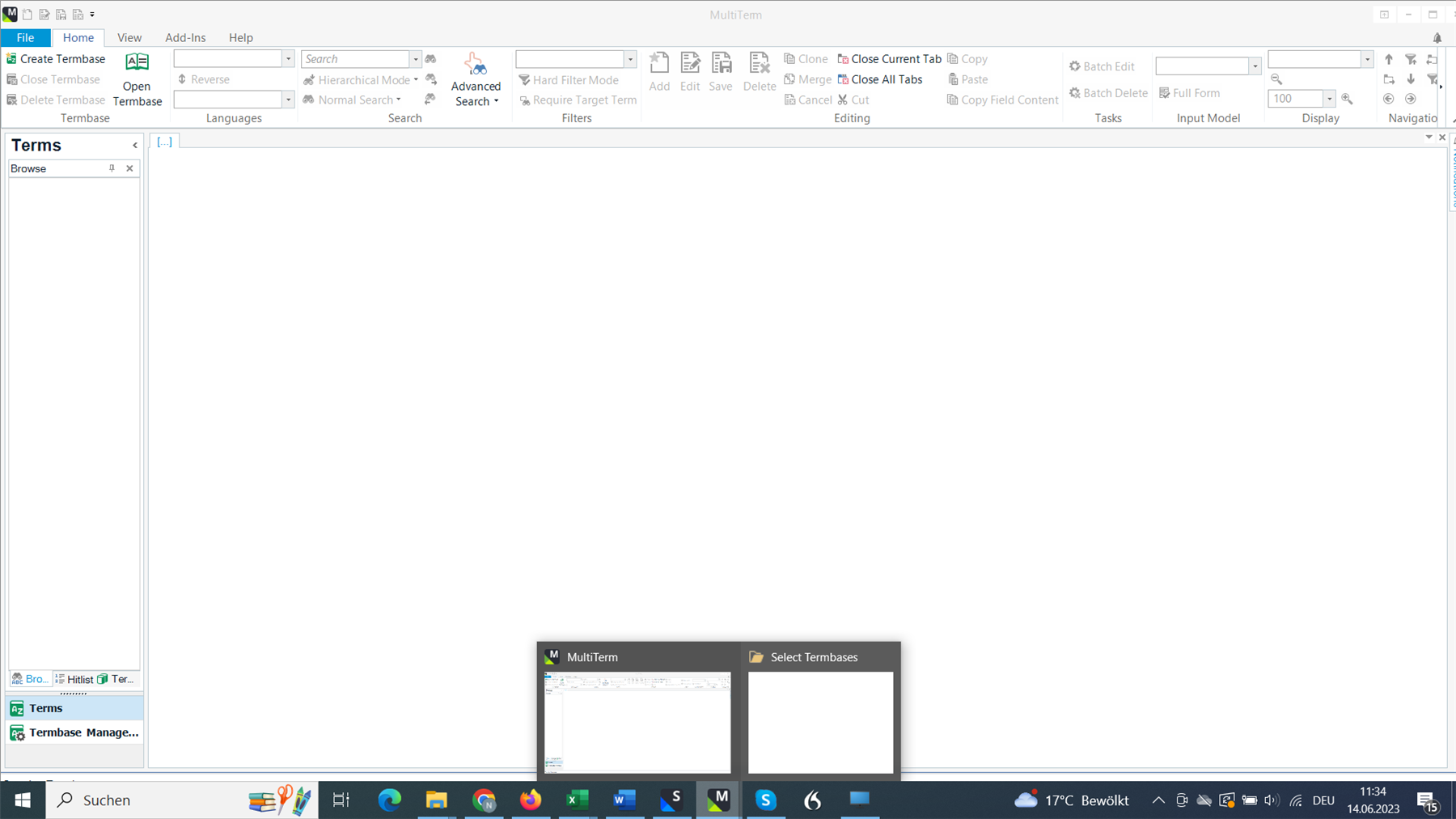 Screenshot of Trados Studio with the 'Open Termbase' dialog box open, showing an empty selection window with no termbases listed to choose from.
