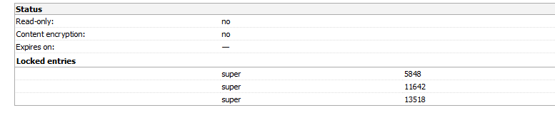 Screenshot of Trados Studio showing the status of a Termbase with 'Read-only: no', 'Content encryption: no', 'Expires on:  ', and a list of 'Locked entries' with the word 'super' and numbers 5848, 11642, 13518.