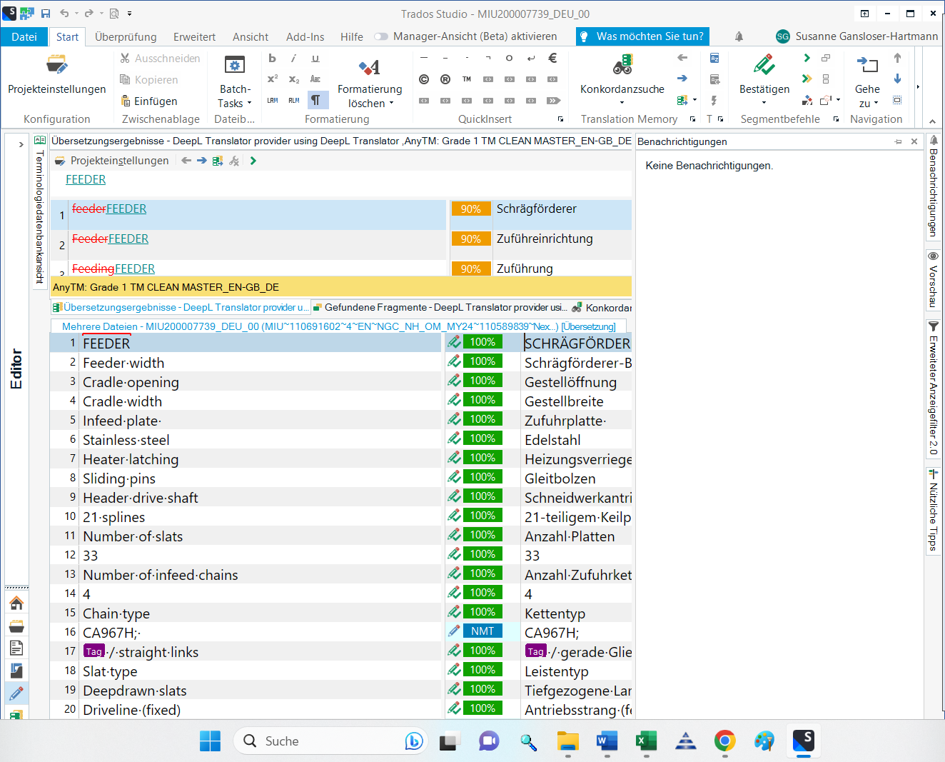 Trados Studio interface showing a project with translation results from DeepL Translator. The 'Benachrichtigungen' tab on the right is empty, indicating no current notifications.