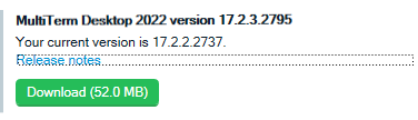 Screenshot showing MultiTerm Desktop 2022 version update prompt, with the latest version 17.2.3.2795 available for download and the current version 17.2.2.2737 installed.