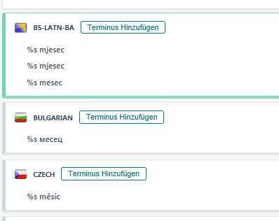 Screenshot of MultiTerm showing language entries for BS-LATN-BA with placeholder text '%s mjesec' repeated three times.