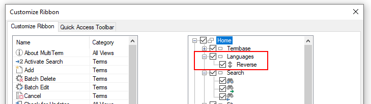 Screenshot of MultiTerm's 'Customize Ribbon' dialog box with a list of commands on the left and the ribbon customization options on the right. The 'Reverse' command is highlighted in red within the 'Languages' group under the 'Home' tab.