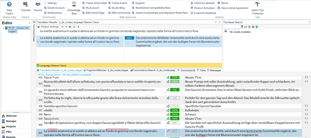 Screenshot of Trados 2024 software with the Editor view open, showing a source segment with terms underlined in red indicating they are in the termbase. The Termbase Search window on the right displays 'No results available.'