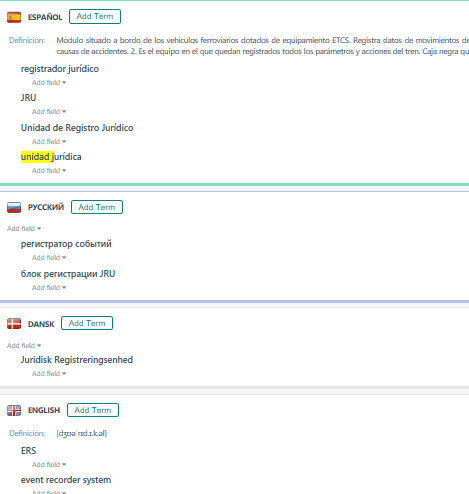 Screenshot of a MultiTerm database entry showing terms in Spanish and Russian related to juridical recording units.
