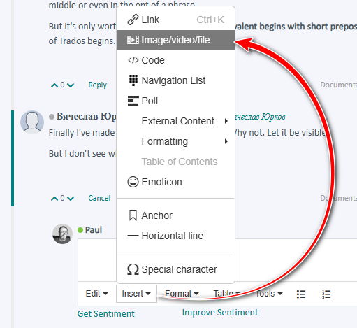 Screenshot showing the Insert menu in a text editor with an arrow pointing to the 'Imagevideofile' option.