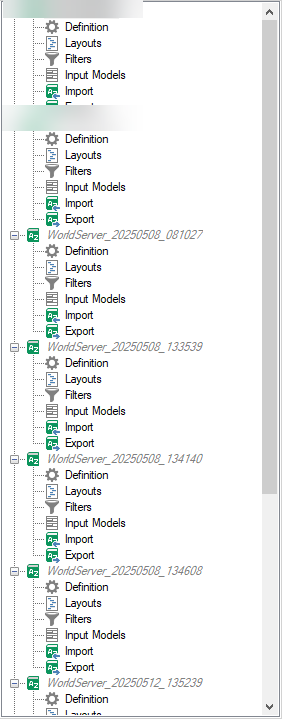Screenshot of MultiTerm Desktop 2024 showing a list of termbases automatically added from WorldServer projects, including multiple entries labeled with timestamps.