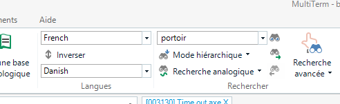 Screenshot of the MultiTerm interface showing search options with 'portoir' entered in the search field, language set to French and Danish, and search modes like hierarchical and advanced.