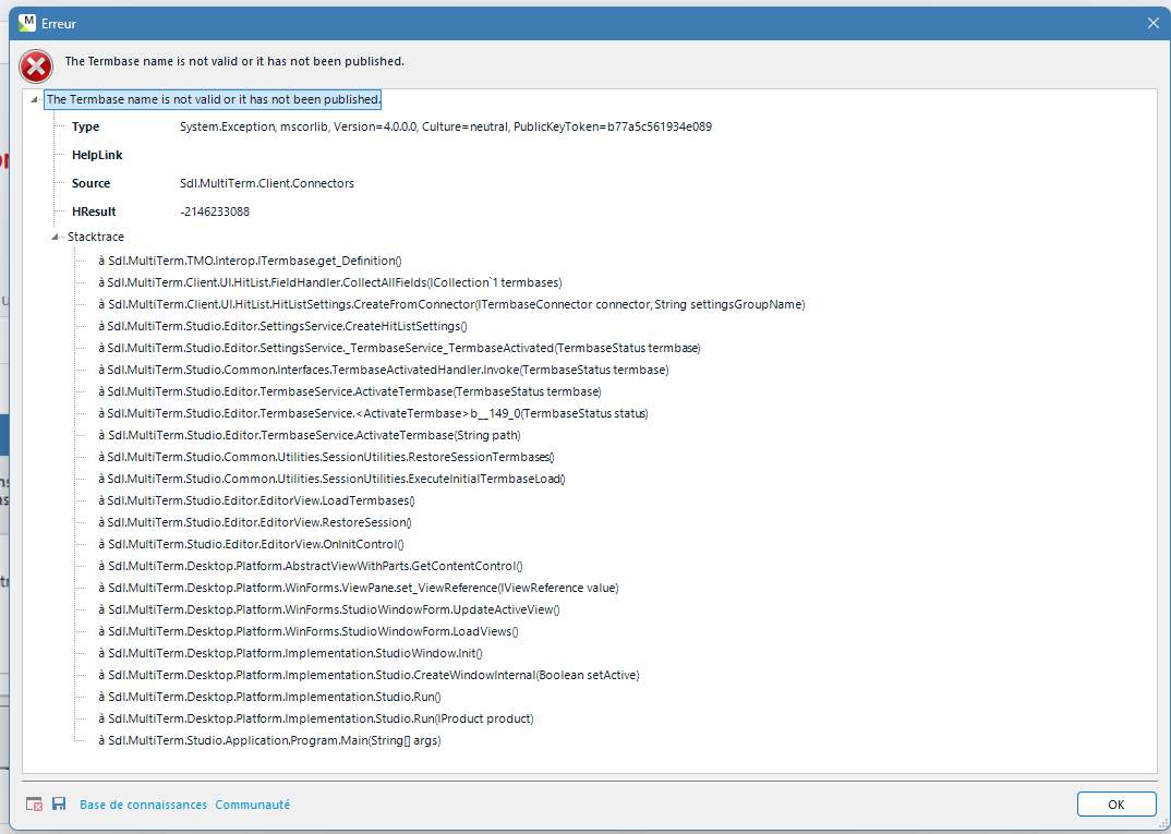 Detailed error window with red cross icon. Message: The Termbase name is not valid or it has not been published. Includes stack trace and technical details.