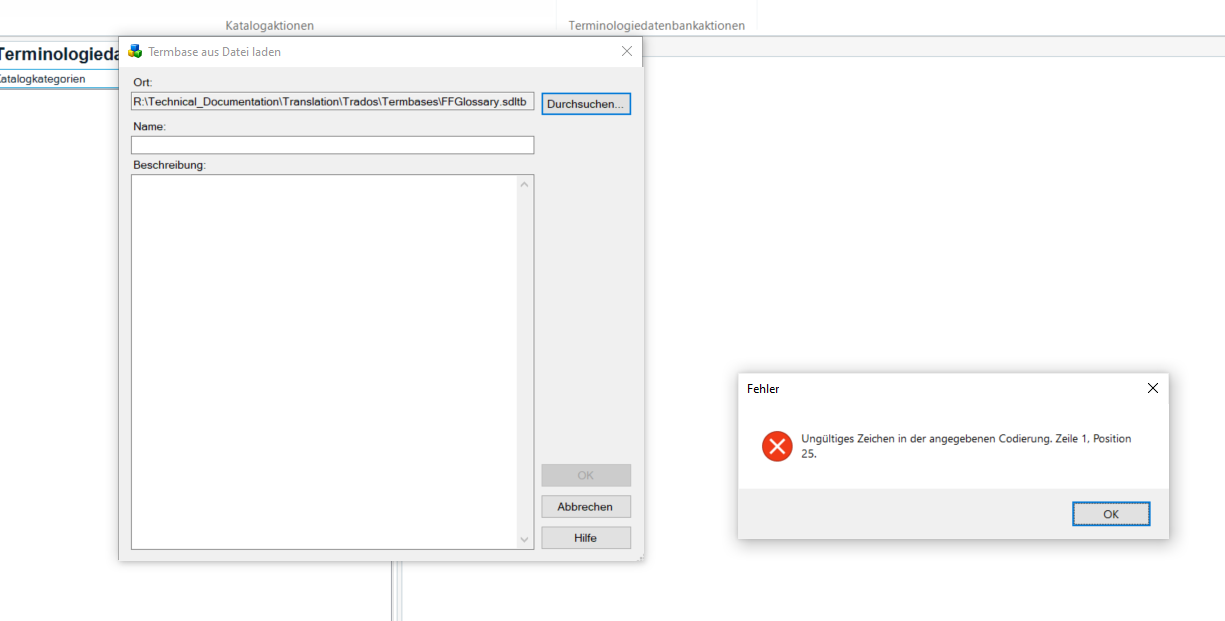 Screenshot showing the MultiTerm 2024 interface with a dialog box titled 'Termbase aus Datei laden' and an error message in German stating 'Ungultiges Zeichen in der angegebenen Codierung. Zeile 1, Position 25.'