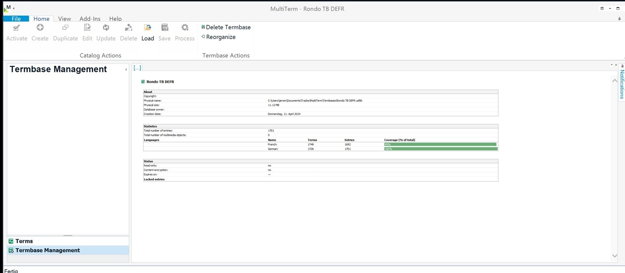 Screenshot of MultiTerm interface showing Termbase Management panel with details of Rondo TB DEFR, including statistics and coverage percentages for French and German.