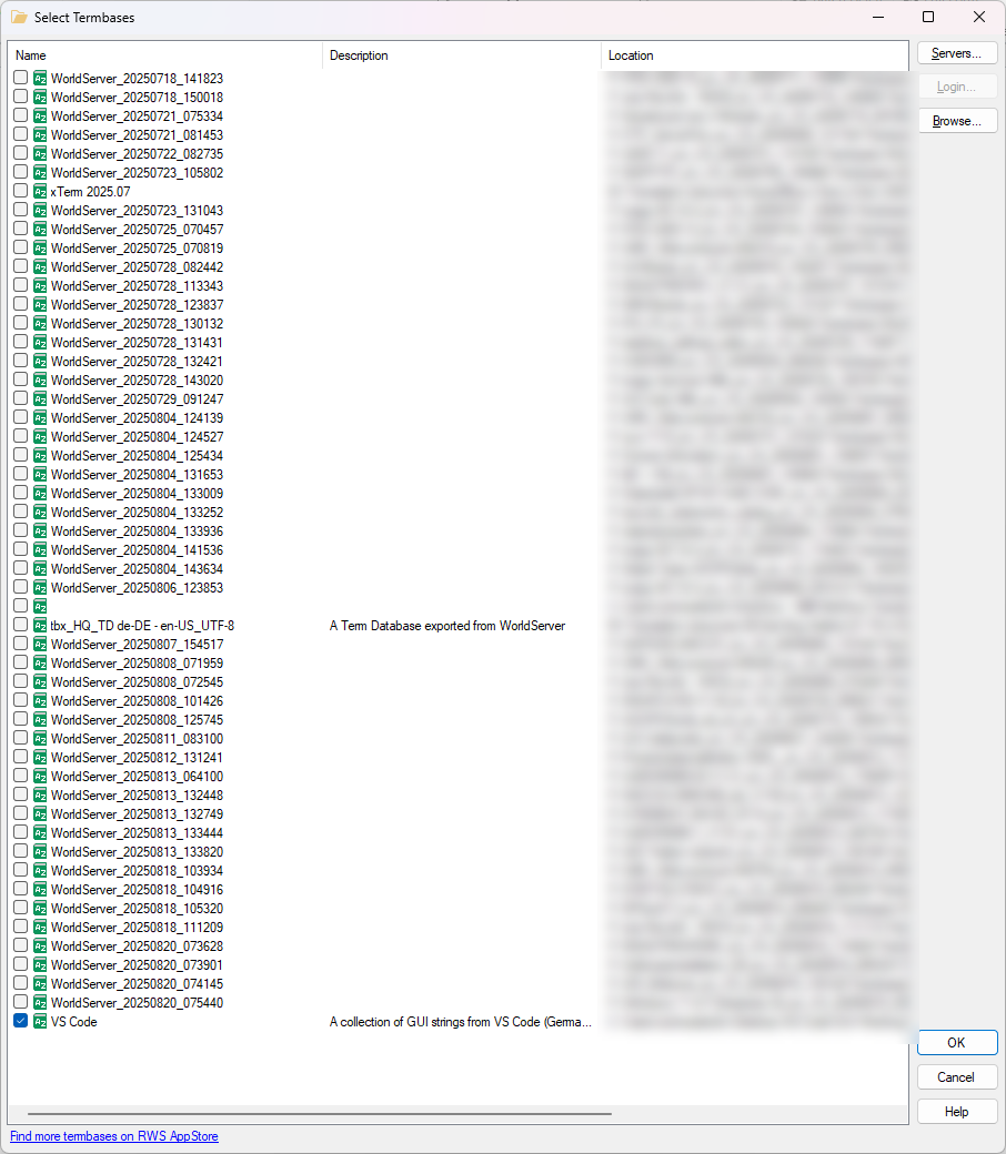 Screenshot of the 'Select Termbases' window in MultiTerm, showing a list of termbases with checkboxes, descriptions, and locations. Most termbases are named 'WorldServer' with timestamps.