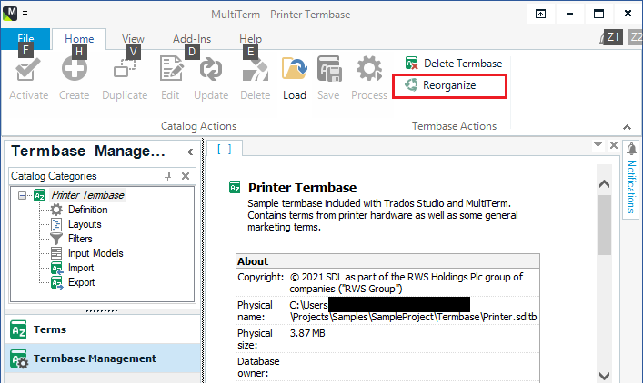 Screenshot of MultiTerm interface showing the 'Reorganize' button highlighted in red under the Termbase Actions section.