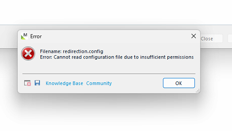 Error message in MultiTerm application: 'Filename: redirection.config. Error: Cannot read configuration file due to insufficient permissions.' Options: Knowledge Base, Community, OK.