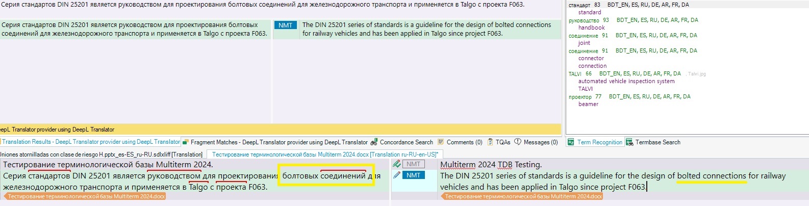 Screenshot of Trados 2024 interface showing a translation segment with term recognition and term base search panels, highlighting the term 'bolted connections' in English and its Russian equivalent.