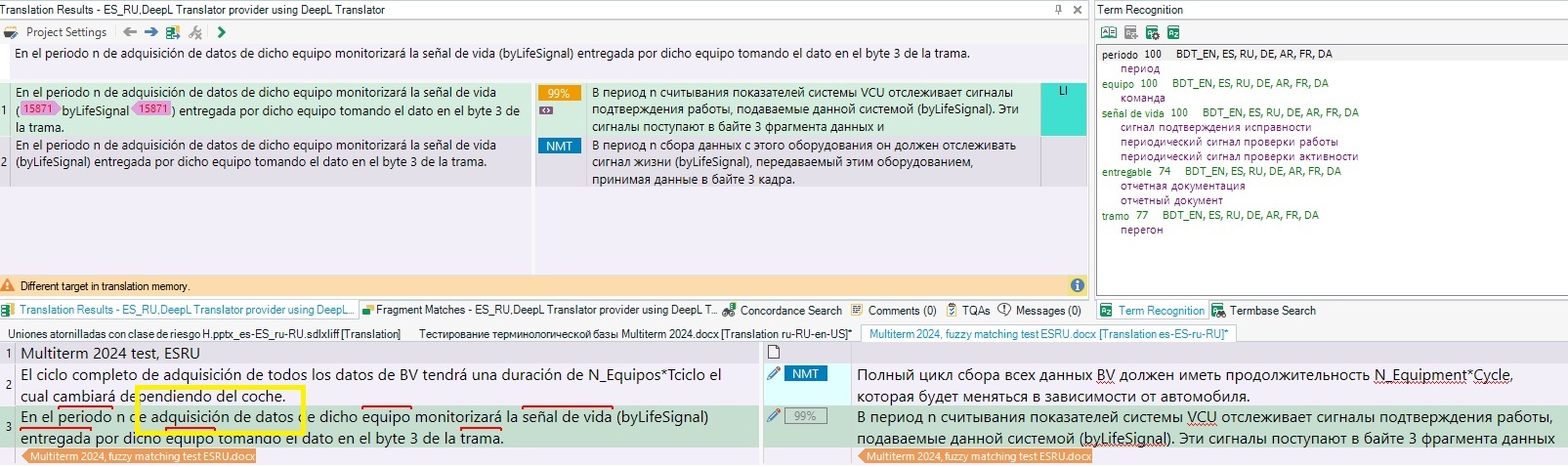 Screenshot of Trados 2024 interface with a translation segment, term recognition, and term base search panels, indicating a 99% match for a term in Russian.
