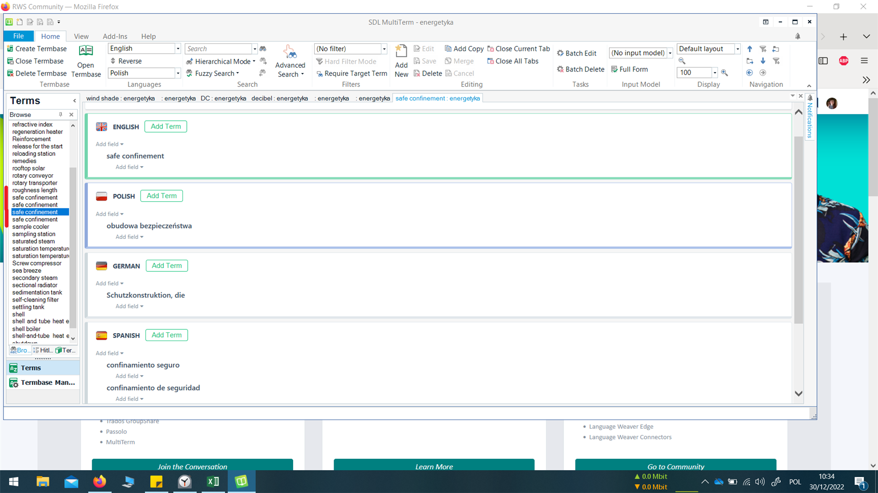 Screenshot of Trados Studio showing the term 'safe confinement' with its translations in English, Polish, German, and Spanish. The term is highlighted in the term list, indicating it is selected.
