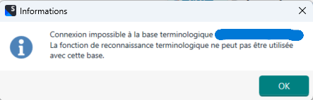 Error message in French stating 'Connexion impossible la base terminologique. La fonction de reconnaissance terminologique ne peut pas tre utilis e avec cette base.' with an OK button.