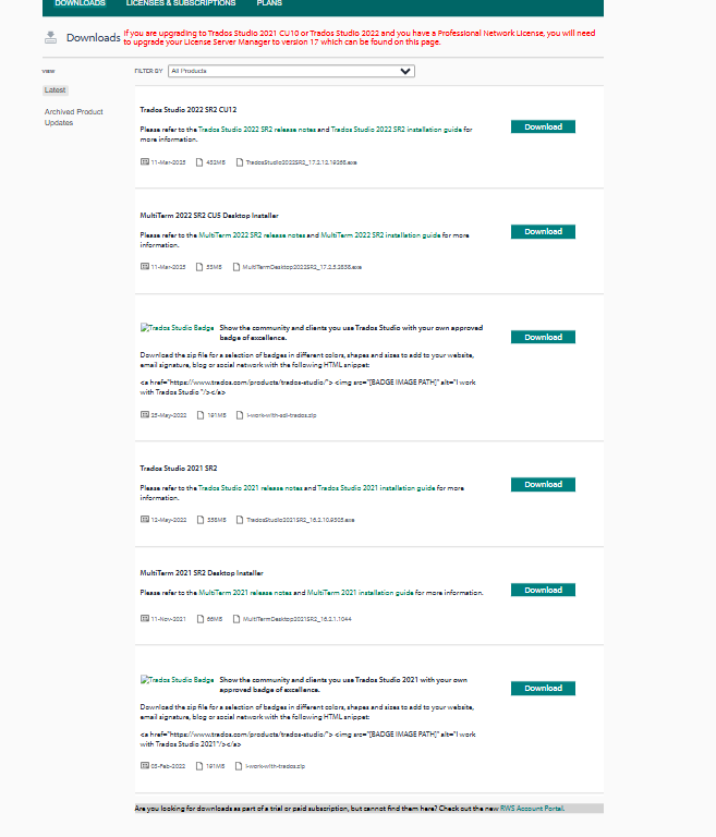 Screenshot of a download page for Trados Studio 2022 showing various product updates and installation files with a notice about upgrading to Trados Studio 2021 CU10 if using a Professional Network License.
