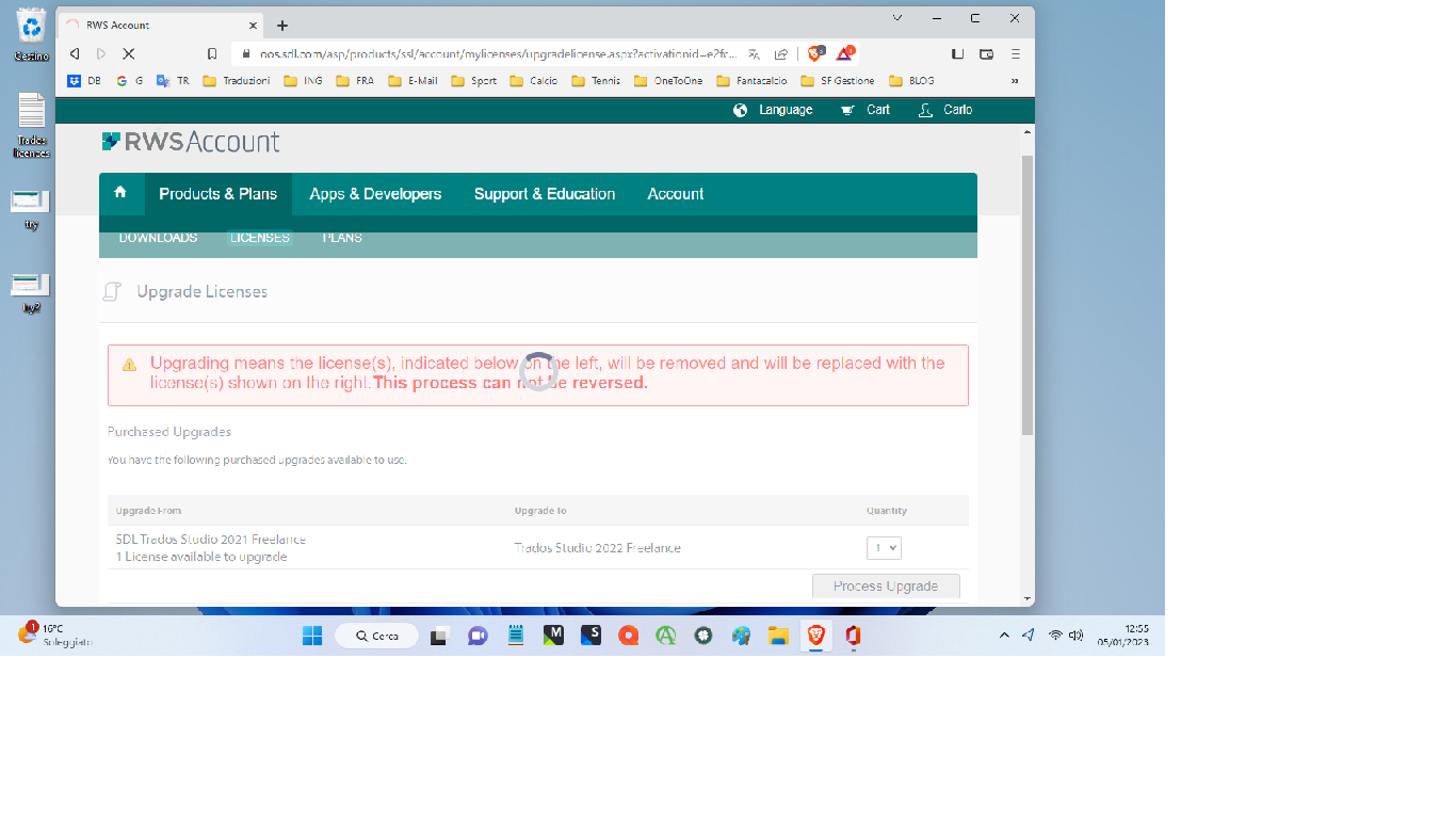 Screenshot of RWS Upgrade Licenses page ready to process the upgrade from SDL Trados Studio 2021 Freelance to 2022 Freelance.