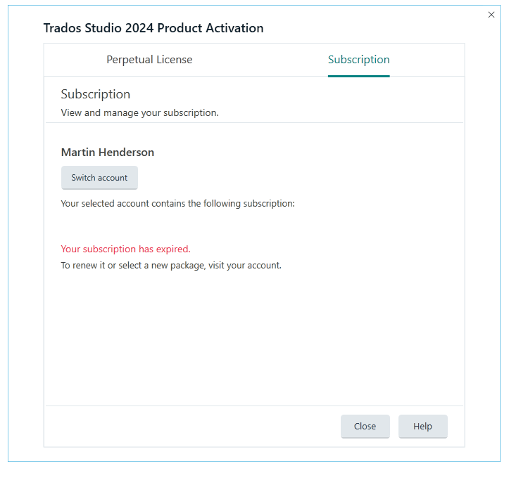 Trados Studio 2024 Product Activation window showing Subscription tab with a message that the subscription has expired and a prompt to visit the account to renew or select a new package.