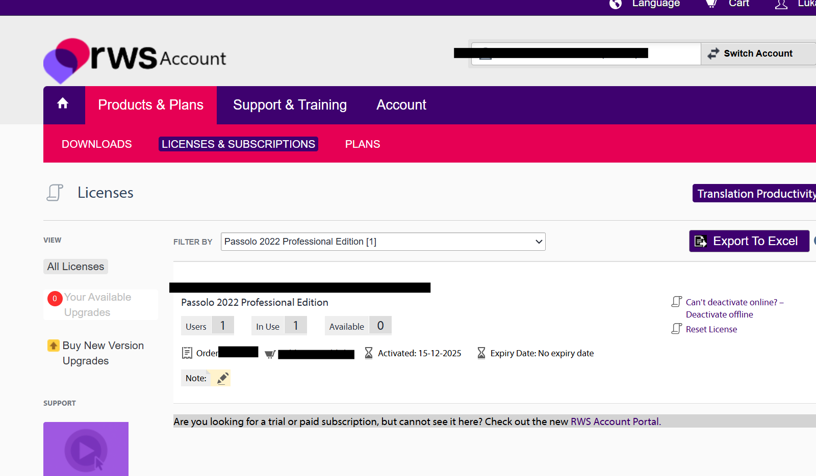 RWS Account page showing Passolo 2022 Professional Edition license details with Users: 1, In Use: 1, Available: 0, and options to deactivate or reset the license.