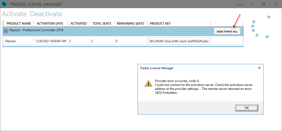 Trados License Manager window showing Passolo Professional 2018 license details with 2 total seats, 0 remaining seats, and a blurred product key. A 'Deactivate All' button is highlighted. Below, an error message reads: 'Provider error occurred, code: 0. Could not connect to the activation server. Check the activation server address in the provider settings. The remote server returned an error: (403) Forbidden.'