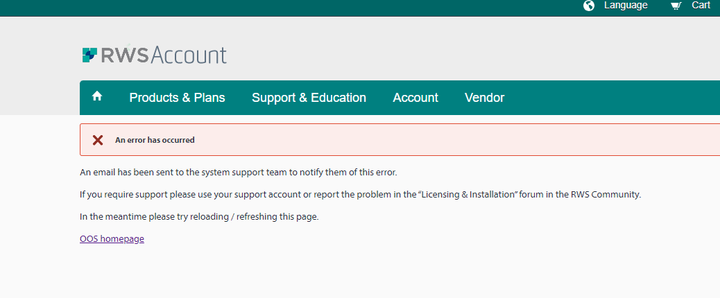 Screenshot of an error message on the RWS Account website under the 'Account' section. It reads 'An error has occurred' with instructions to reload the page and a note that an email has been sent to the support team.