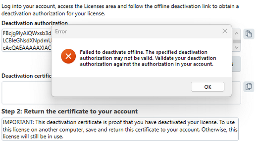 Popup error message stating 'Failed to deactivate offline. The specified deactivation authorization may not be valid.' with deactivation authorization fields visible in the background.