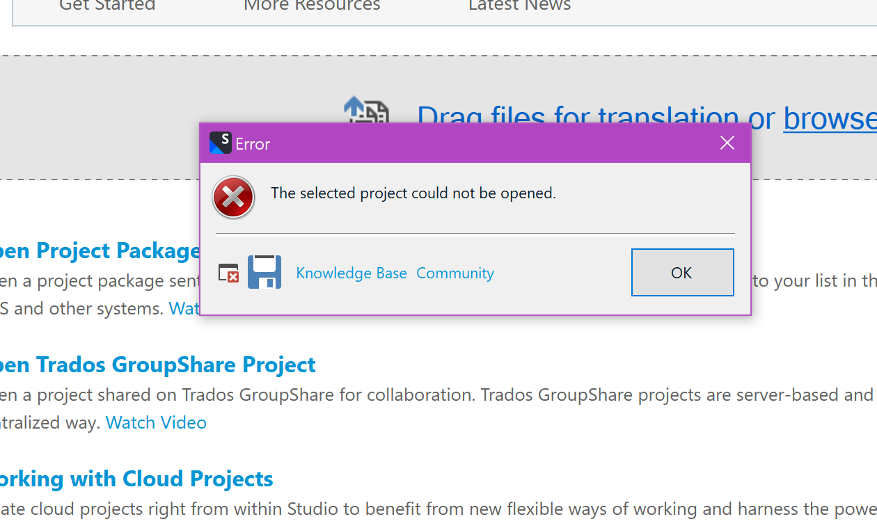 Error dialog box on Trados Studio software with the message 'The selected project could not be opened' and an OK button.