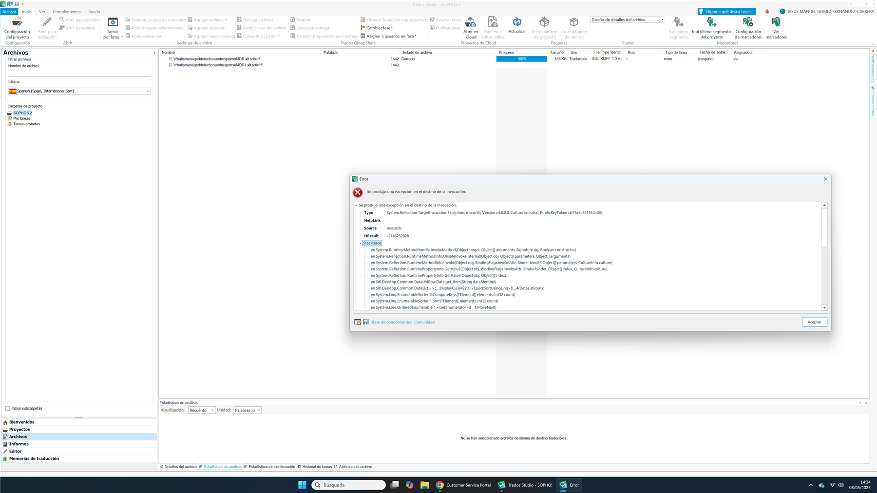 Trados Studio interface showing an error dialog with the message 'Se produjo una excepci n en el destino de la invocaci n' and a stack trace.