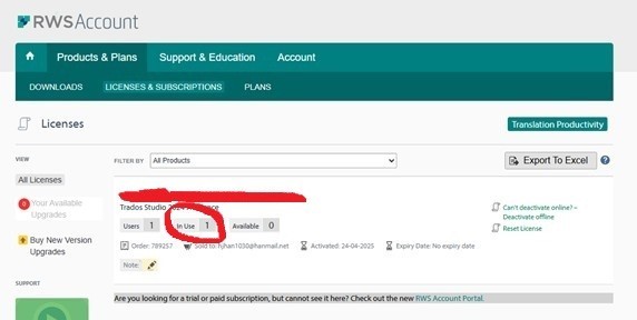 RWS Account Licenses page showing Trados Studio license status as 'in use' with one user, and zero available licenses.