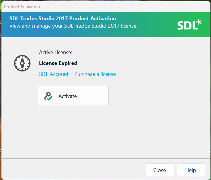 SDL Trados Studio 2017 Product Activation window showing 'License Expired' with options for SDL Account and Purchase a license, and an Activate button.