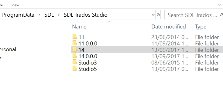 File explorer window showing the SDL Trados Studio folder with subfolders: 11, 11.0.0.0, 14, 14.0.0.0, Studio3, and Studio5.
